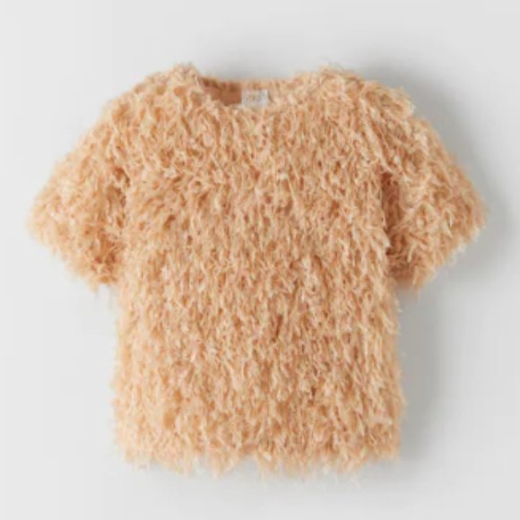 ZARA GIRLS FRINGED T-SHIRT BEIGE - Picture 1 of 4